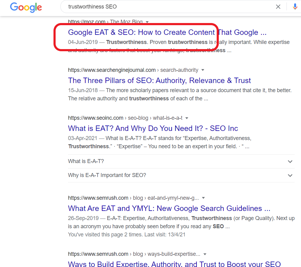 trustworthiness in Google EAT 