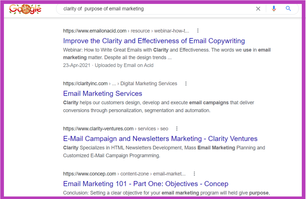 clarity of purpose of email marketing