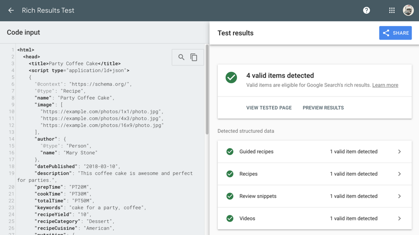 Google's Structured Data Testing Tool for schema markup 